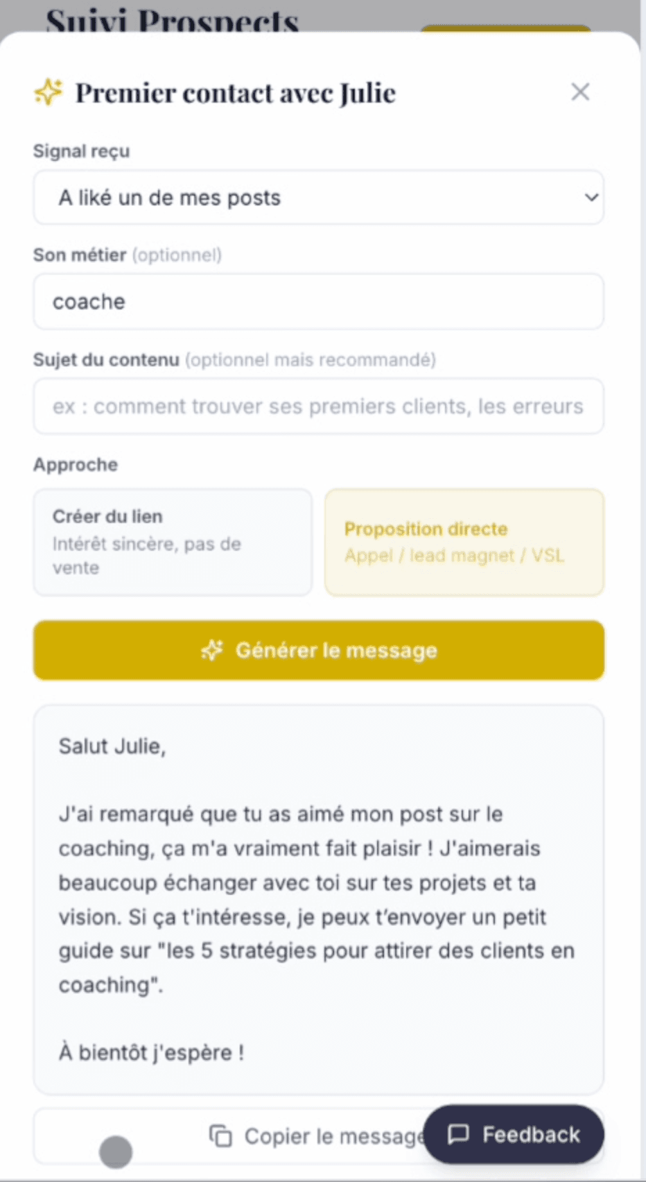 Générateur de premier message IA